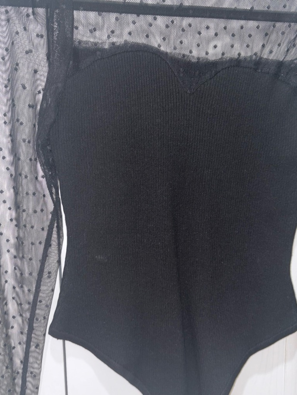 Sheer Dot Mesh Mock Neck Black Bodysuit - Picture 2 of 3